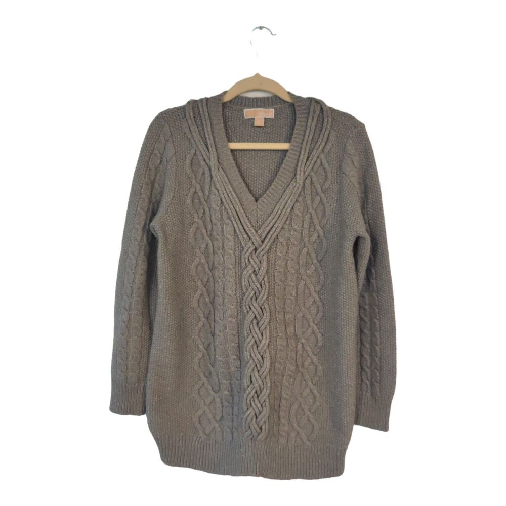Michael Kors Women’s blue/gray  V-neck Sweater cable fisherman style size L